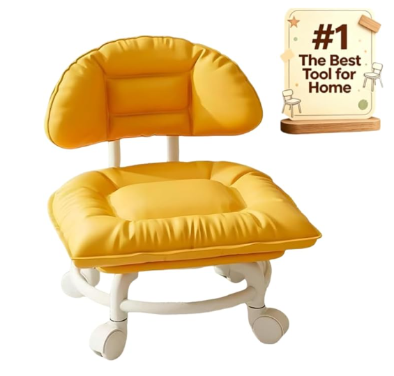 Rolling Low Stool with Backrest, 360° Swivel Silent Stool with Wheels