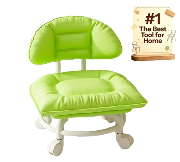 Rolling Low Stool with Backrest, 360° Swivel Silent Stool with Wheels