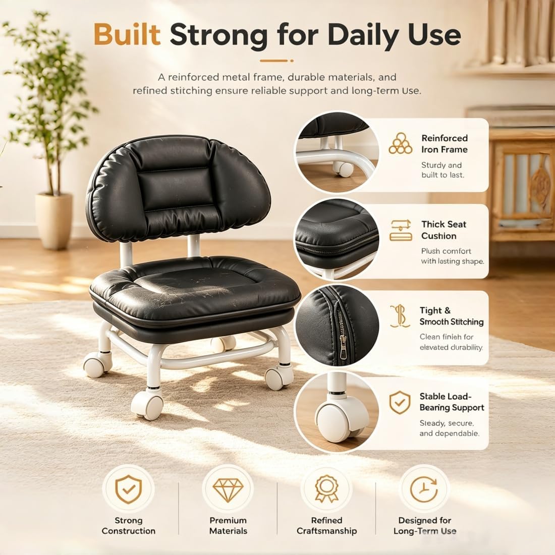 Rolling Low Stool with Backrest, 360° Swivel Silent Stool with Wheels