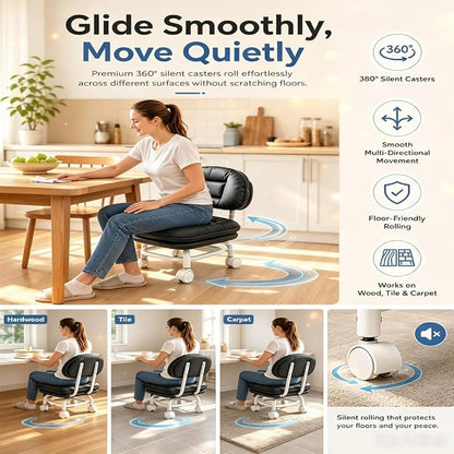 Rolling Low Stool with Backrest, 360° Swivel Silent Stool with Wheels