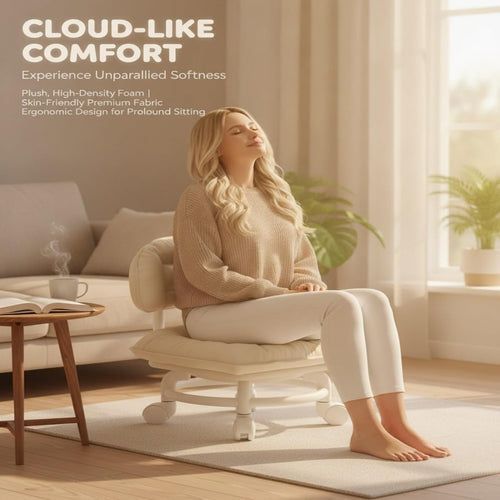 Rolling Low Stool with Backrest, 360° Swivel Silent Stool with Wheels