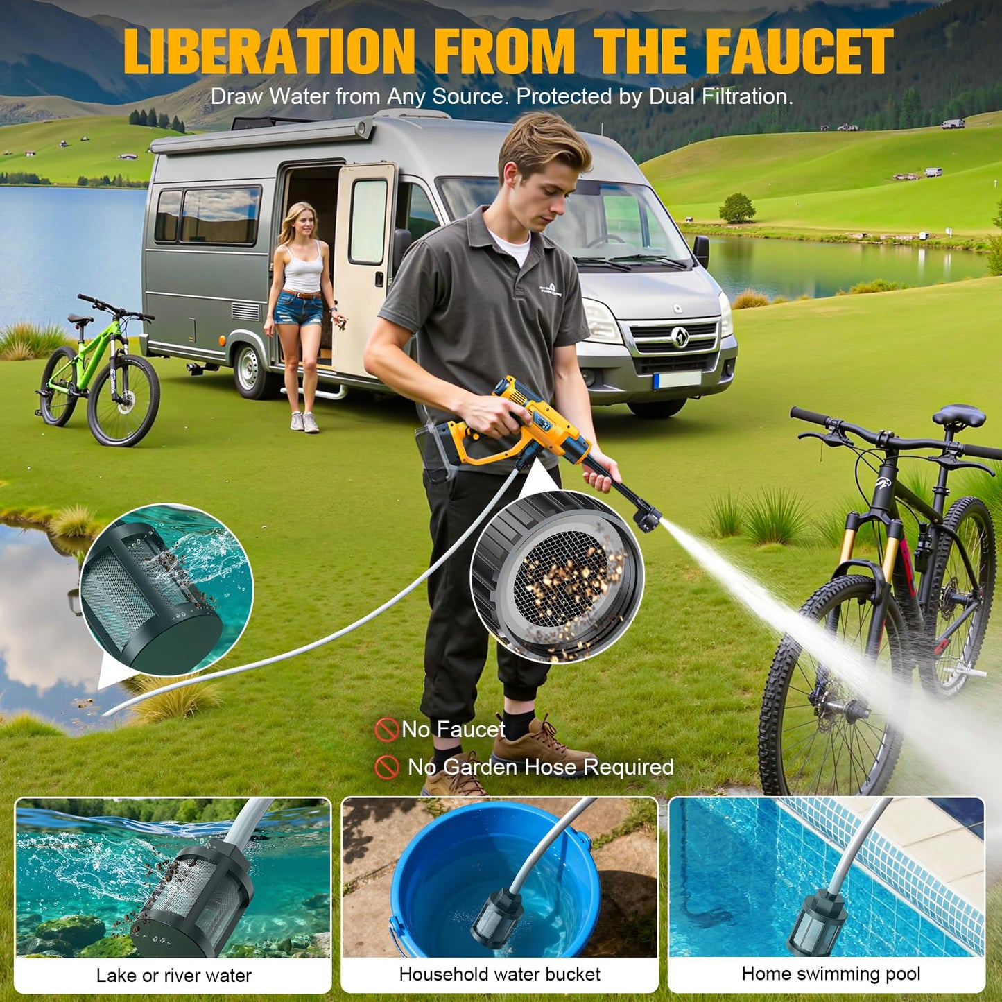 Cleaning Tool Compatible with DeWalt 20V Battery, 2.2LBS, with 16.4ft Hose & 6-in-1 Nozzle + Attachment for Car, Patio, Fence (Battery not Included, Tool Only)