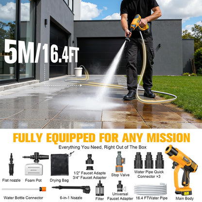 Cleaning Tool Compatible with DeWalt 20V Battery, 2.2LBS, with 16.4ft Hose & 6-in-1 Nozzle + Attachment for Car, Patio, Fence (Battery not Included, Tool Only)